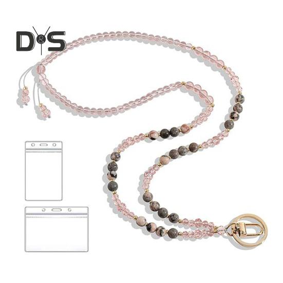 Natural Stone Faux Crystal Card Holder Adjustable ID Lanyard Women Handmade Beaded Badge Holder Lanyard