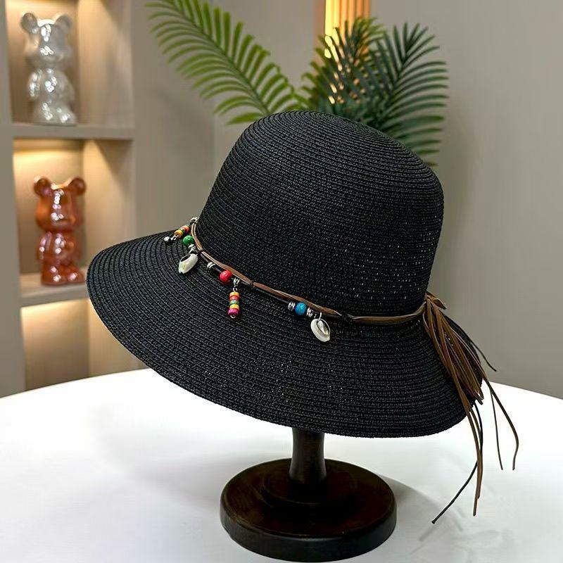 Ethnic style bead decoration big brim straw hat women outdoor vacation sunshade bucket hat foldable sunscreen sun hat