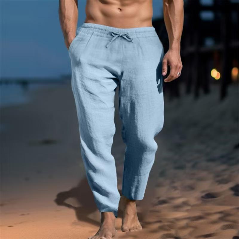 European and American New Men's Solid Color Drawstring Cotton and Linen Loose Casual Beach Casual Pants