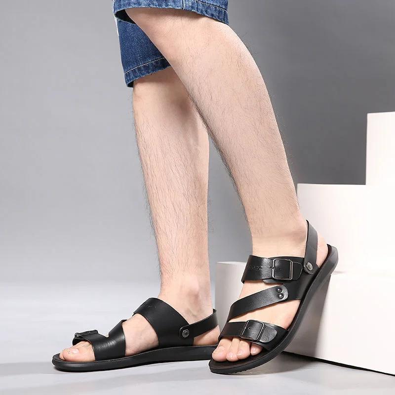 Fashion Fashion Sandals Male Solid Color PU Leather Men Shoes Summer Comfortable Open Toe Leather Mens Sandals Beach Leather Footwear