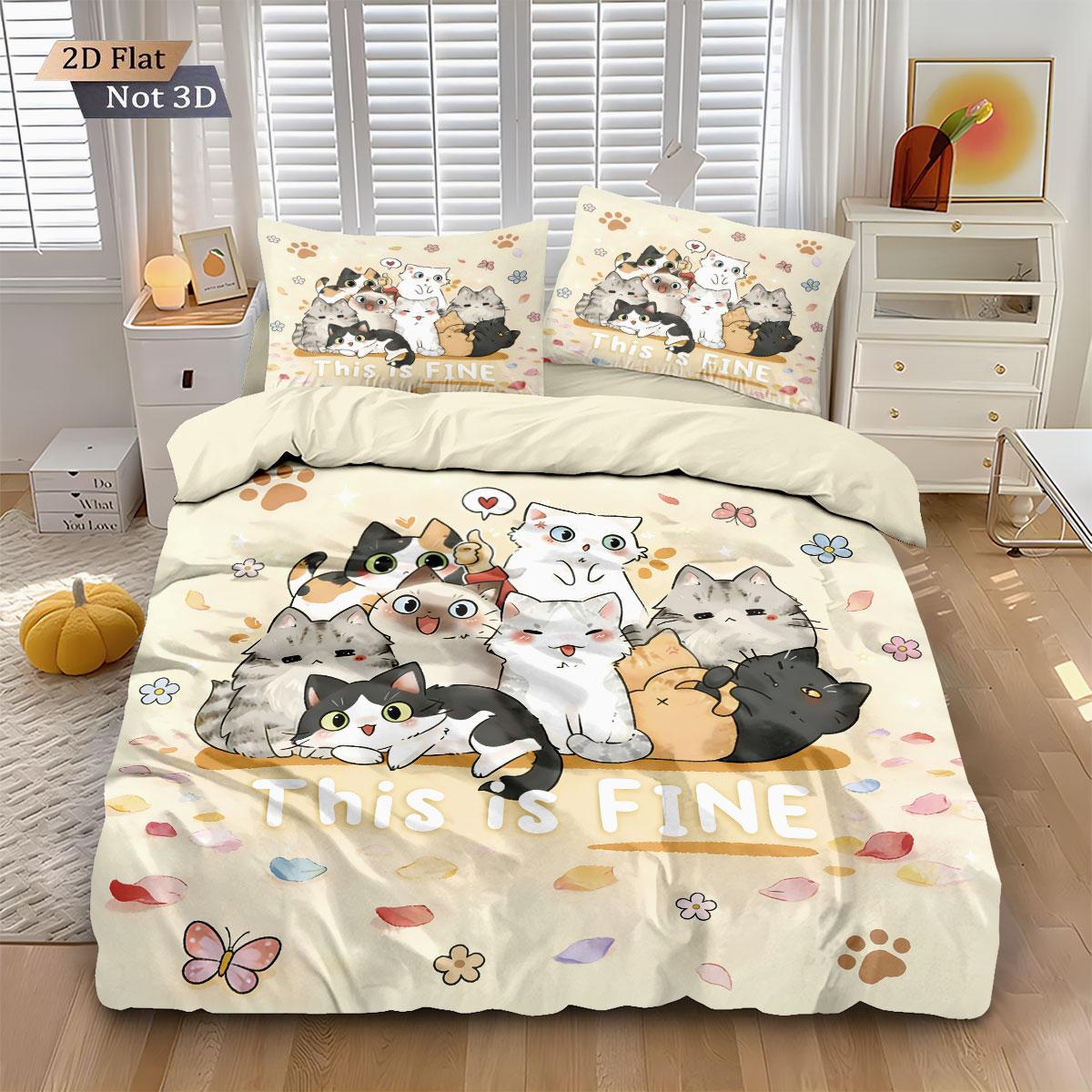 

3pcs Cartoon Cute Cat Printed Coreless Down Duvet Cover Set, Multi Size Bedroom Bedding Decoration, Machine Washable 135x200cm-EU-Single&set