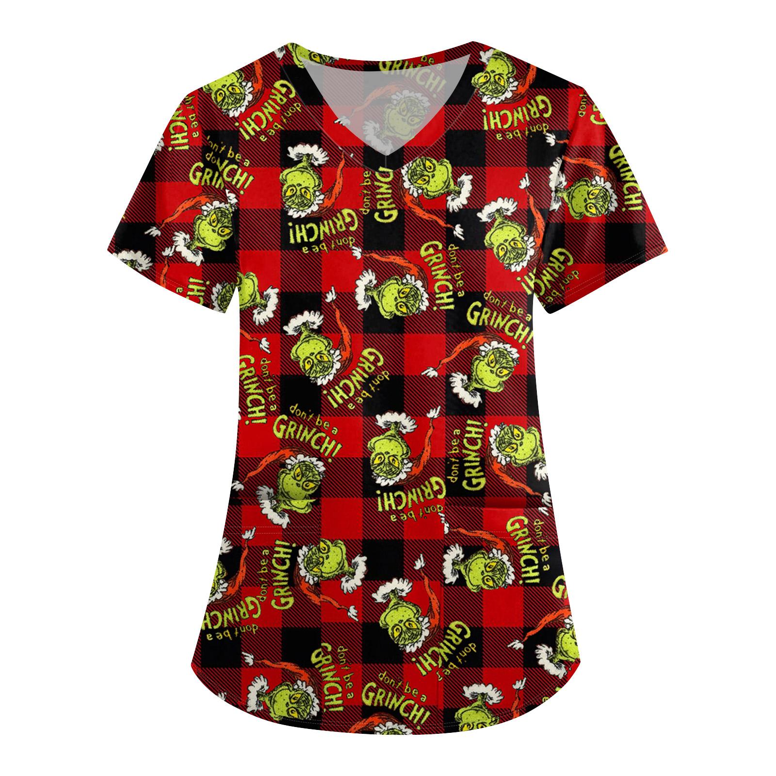 

Большой размер Принтованный скраб Рабочая униформа Топы для женских V-образный вырез с запахом Принт Короткий рукав Веселые футболки Рабочая одежда Футболка с карманами XL винный