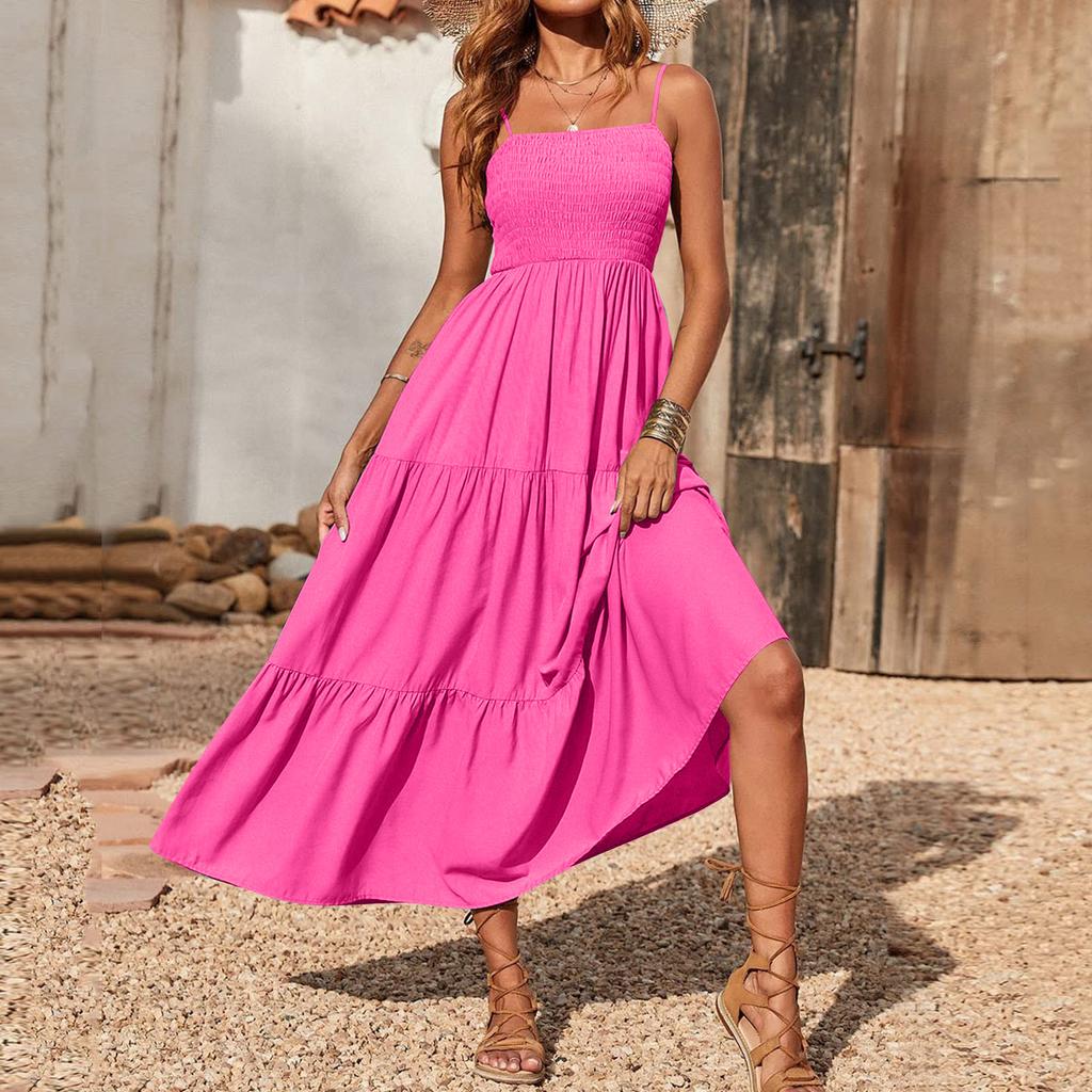 Dames Casual Strapless Maxi Jurk Zomer Mouwloos Gerimpelde Top Wijd Uitlopende Gelaagde Zoom Lange Jurk voor Buiten Strandkleding