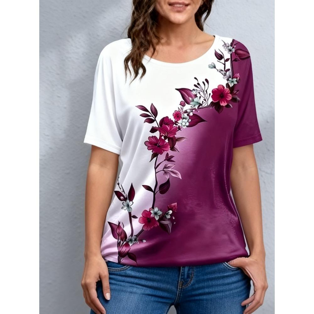 Tricouri de damă mărime mare XL-7XL Tricou de damă cu gât rotund, la modă, cu patchwork floral și imprimeu colorat, cu mânecă scurtă