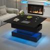 Mesa de Centro 100*50*51,5cm com Tomada, Porta de Carregamento USB-C e USB, com LED, Elevatória, Mesa Lateral e de Jantar com Armazenamento, Preta