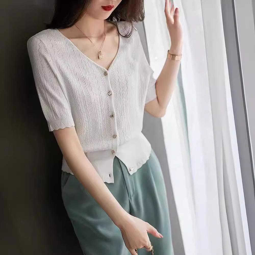 Women's Ice Silk Knit Hollow Out Cardigan & Skirt Set - Summer Short Sleeve Loose Fit