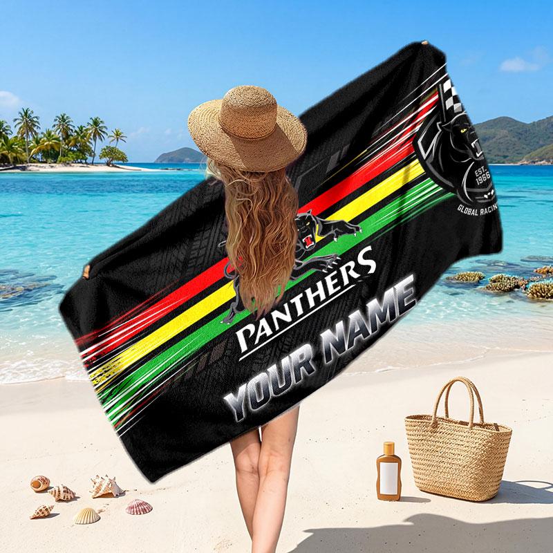 Penrith Panthers Customized Name Text Beach Towel, Soft Absorbent Towel Beach Pool Travel Personal Gift