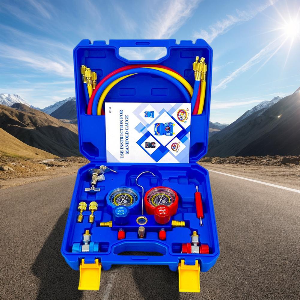 3 Way AC Manifold Gauge Set with 5FT Hoses AC Diagnostic Manifold Gauge Set for R134A/R22/R410/R404 Freon Charging Tool