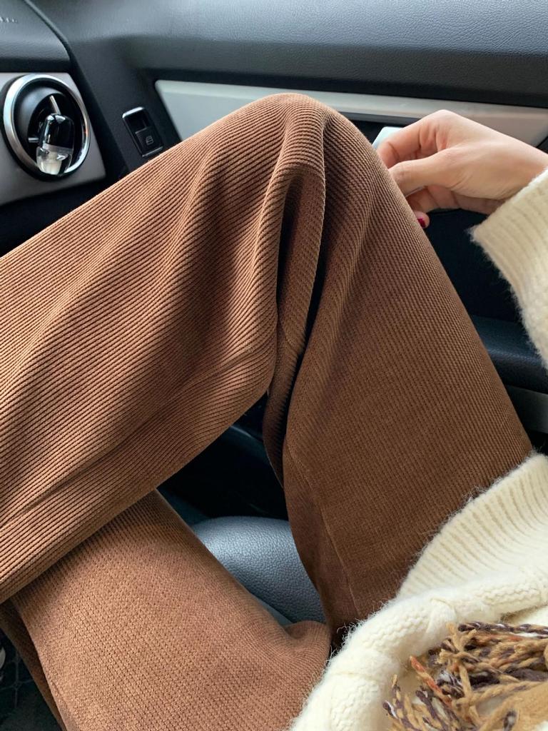 Damen Kaffeefarbene Chenille-Cordhose mit weitem Bein - Herbst/Winter Bodenlang, Lässig Gerades Bein - Weiß