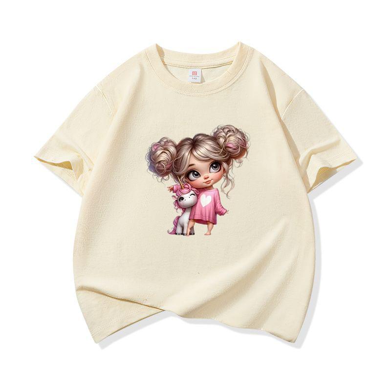 Kids Cotton T Shirt Charming Girl With Pink Unicorn Print Crew Neck Short Sleeve Tee Casual Boys Girls Summer Tops