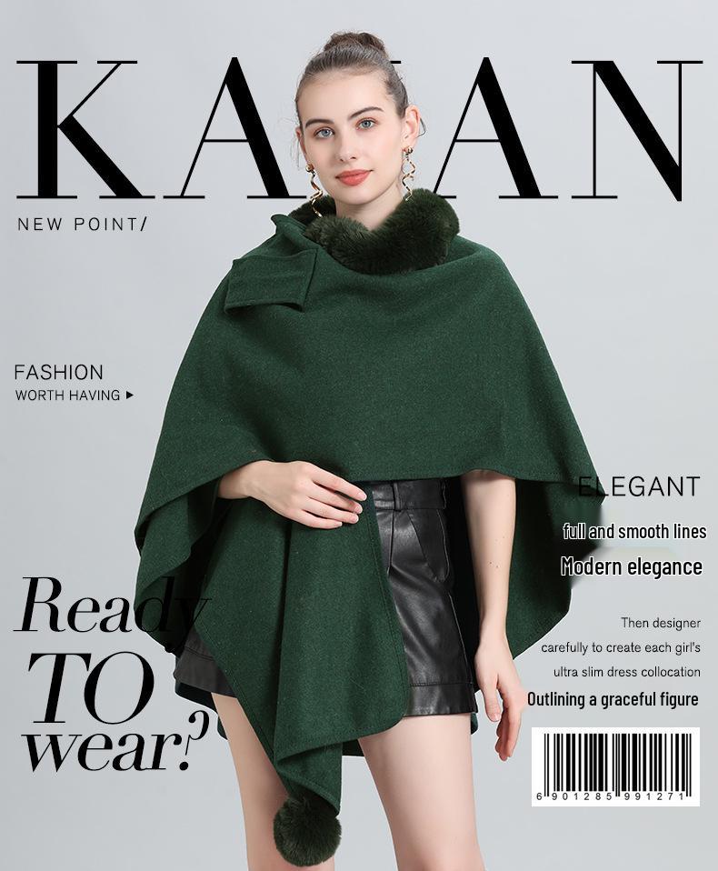 Autumn/Winter Knitted Scarf Shawl Cape with Fur Collar and Pom-Poms (Style 0962#)