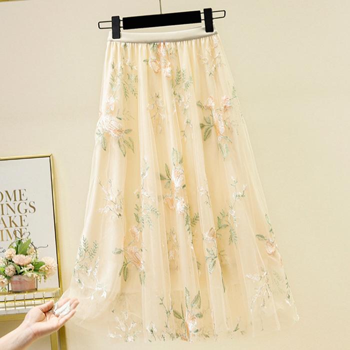 

Женская весенне-осенняя юбка А-силуэта с высокой талией, вышивкой, цветочным узором и сеткой, подходящая ко всему one size