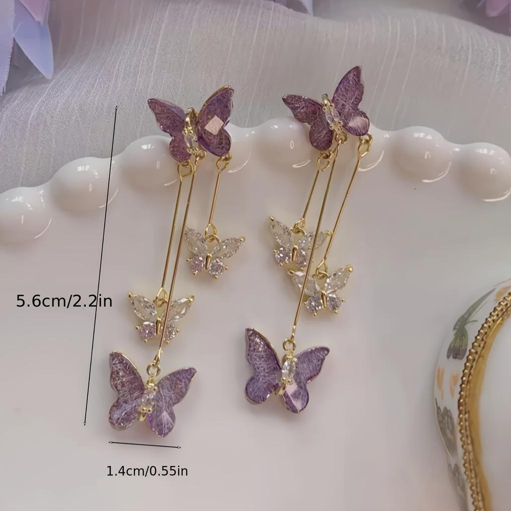 Brincos de Franja Borboleta Roxo Claro, Acessório de Temperamento Delicado Estilo Elegante Perfeito para Festa Uso Diário, para Adolescente