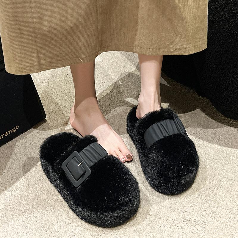 Internet Celebrity Thick-bottomed Bag Head Mink Hair Slippers Women's Wear 2025 Autumn and Winter New Heightening Piled Warm Cotton Slippers