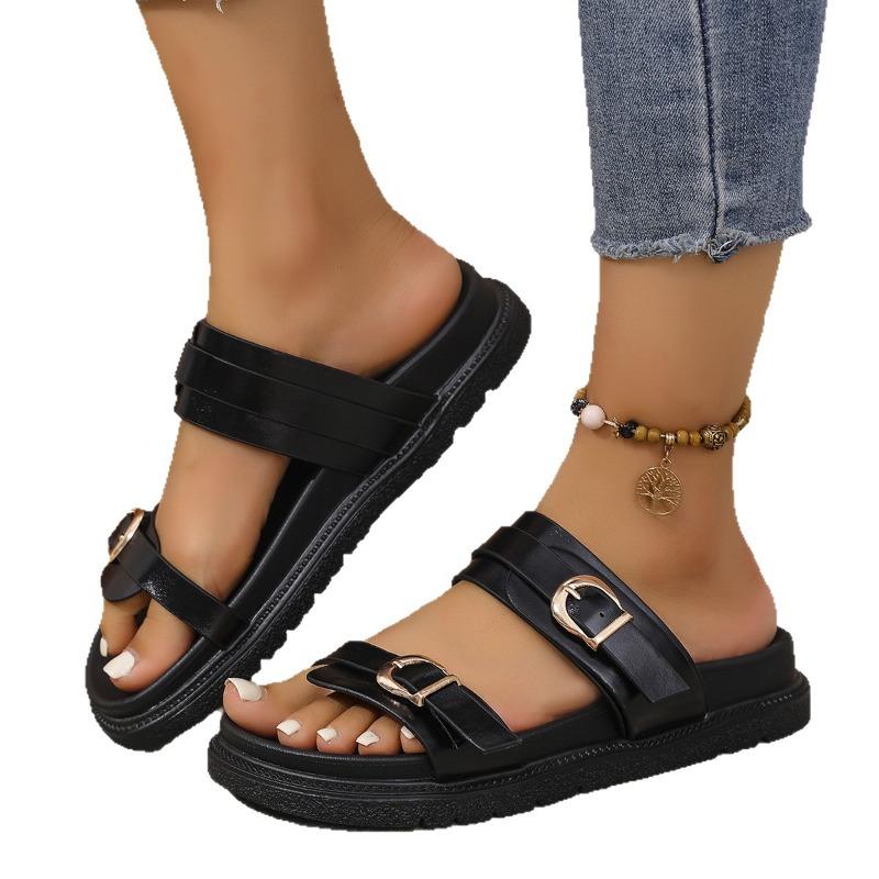 Women's Wide Width Single Strap Sandals, Roman Style Flat Slides, Fashion Outdoor Slippers for Women