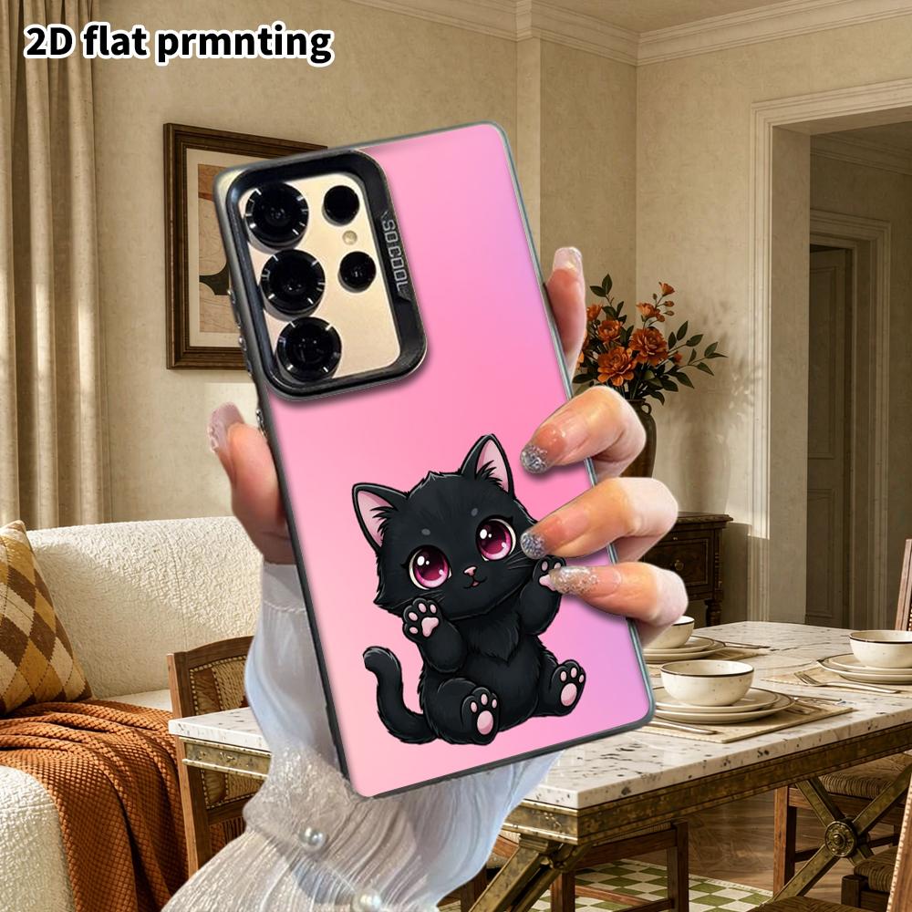 Phone Case: 2D Flat Samsung Galaxy A34 A35 M05 M06 S20 S22 S21 FE Plus 5G Protective Case, Couple Style, Pink Gradient with Little Black Cat, Christma