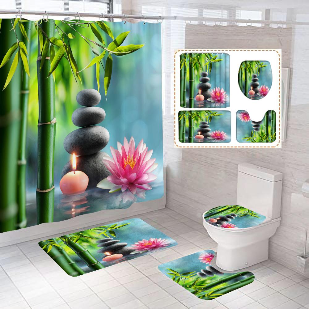 Grüne Pflanzen Bambus Blumen Zen Stein Badezimmervorhang Polyesterstoff Duschvorhänge und Teppiche Toilettendeckel Badematten Set Dekor
