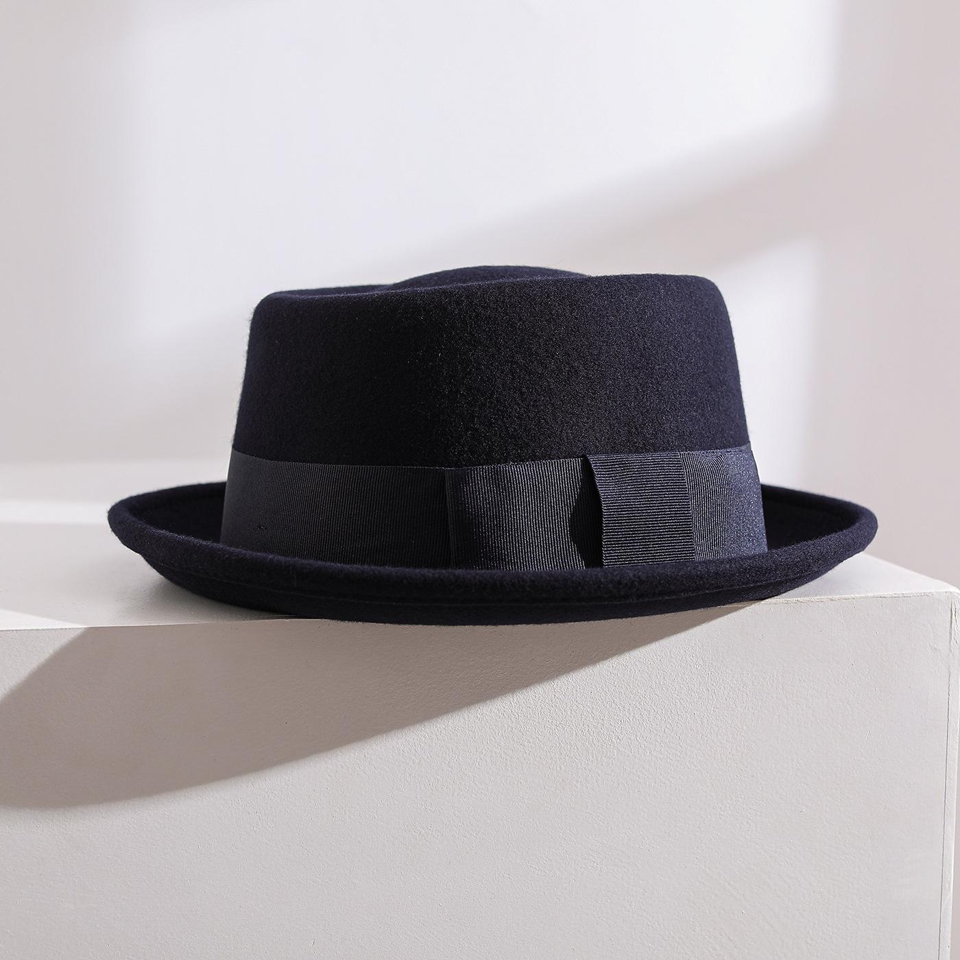

Retro British Concave Top Wool Fedoras Hat Man Curled Brim Gentleman Top Hat Autumn Winter Fashion Woolen French Unisex Felt Hat 56-59cm тёмно-синий