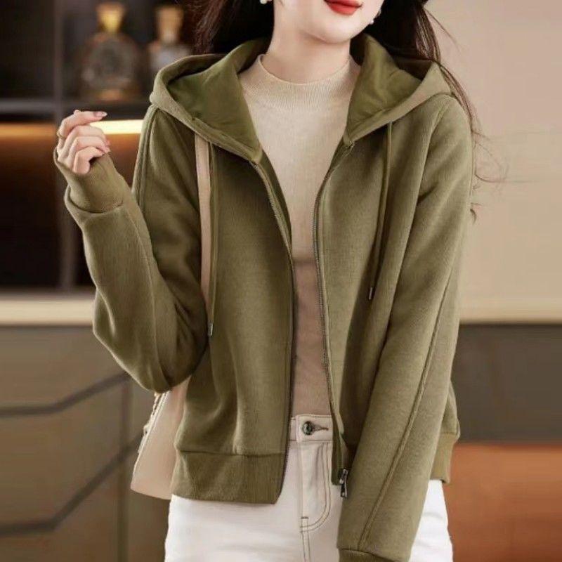 Temperament Hooded Velvet Thickened Sweatshirt Women's New Cardigan Zipper Solid Color Versatile Trendy Jacket