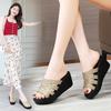 Summer Women's Sloping Thick -bottom Loose Cake Large Size Sand Slippers Women's Golden Slopes Heel Sandals