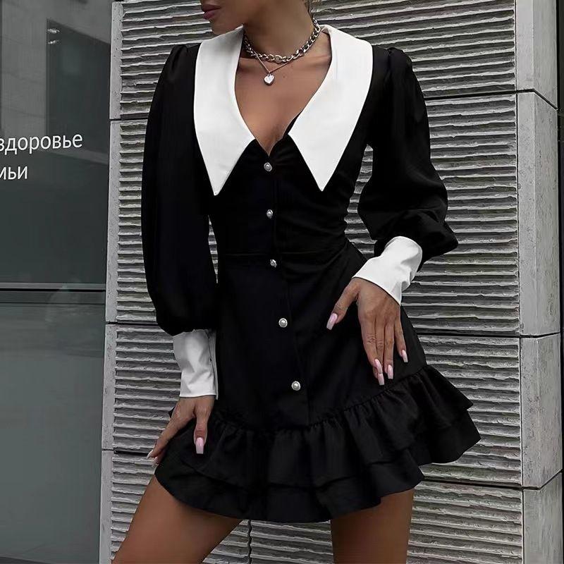 

New Arrival Fashion Graceful Puff Sleeve V-neck Hip Dress Bubble Sleeved V-neck Dress Black L