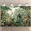 Retro Safari Backdrop with Wildlife and Lush Greenery Photography Background Cloth