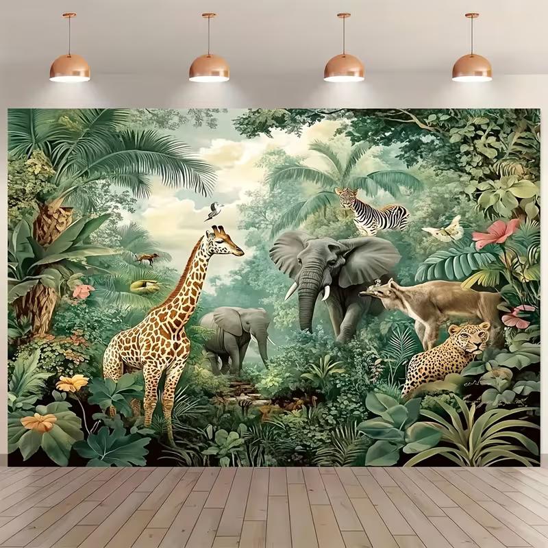 Retro Safari Backdrop with Wildlife and Lush Greenery Photography Background Cloth