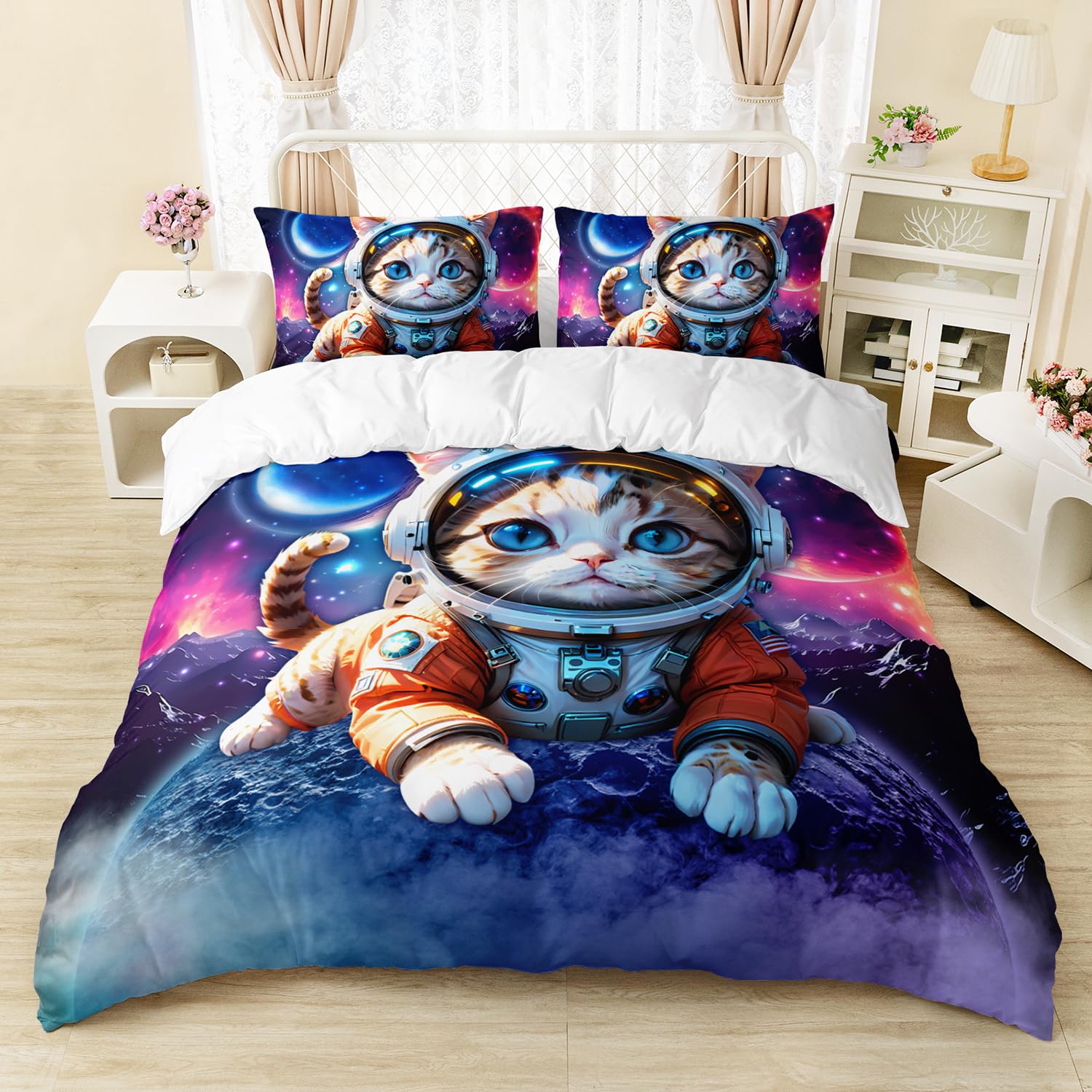Astronaut Duvet Cover Set Cartoon Space Astronaut Decor Bedding Set Soft Breathable Comforter Cover With Pillowcase With Zipper EU Single(135*200cm)3pcs