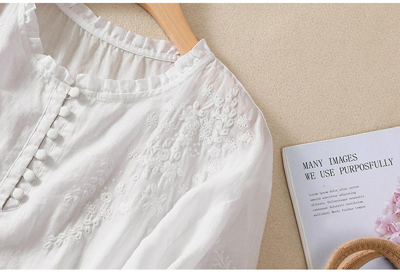 2025 Summer Artistic V-Neck Embroidered Floral Women's Shirt with Five-Point Sleeves