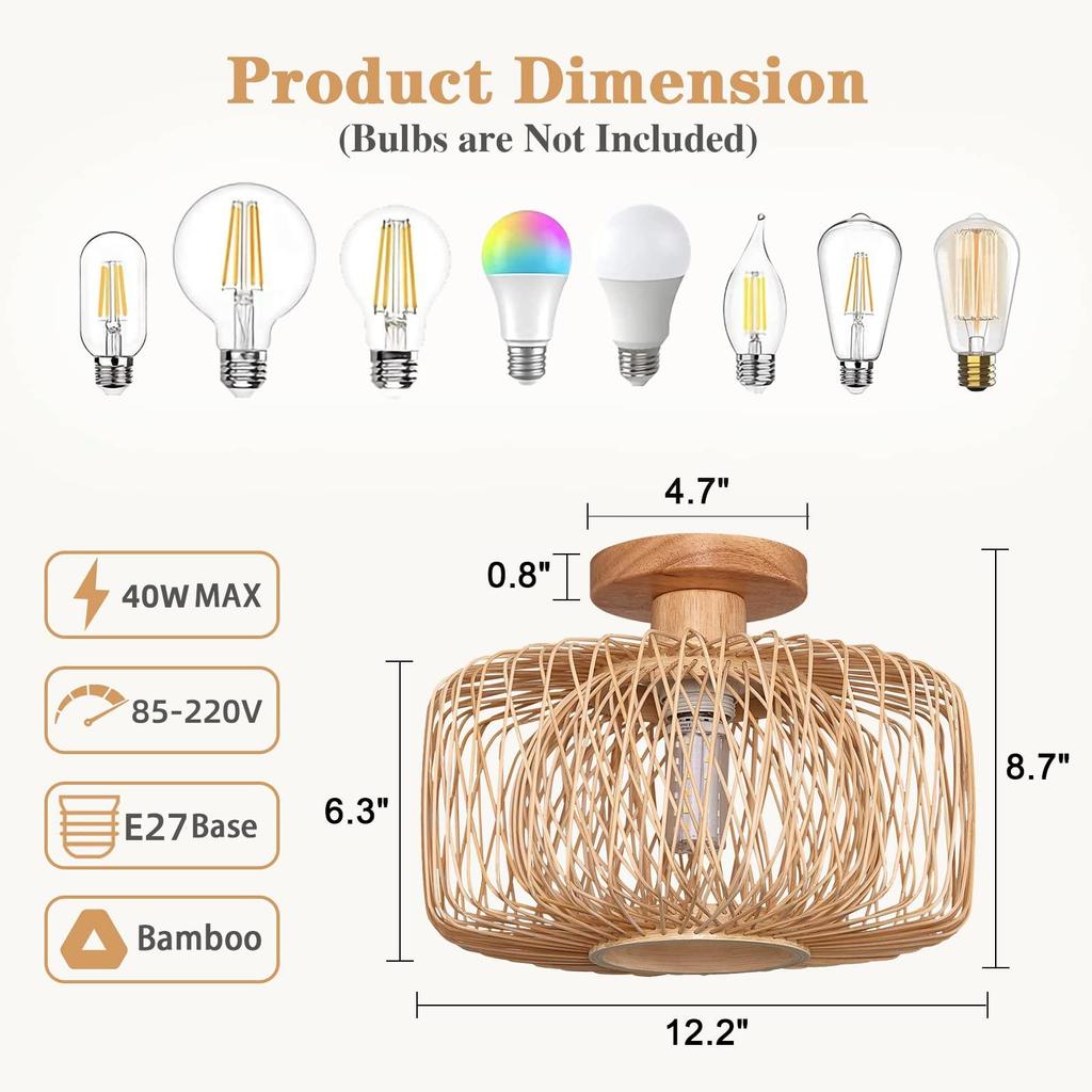 Rattan Recessed Ceiling Light, Bohemian Style Lighting, Woven Bamboo Lampshade, Rattan Pendant Light Bedroom Living Room Corridor Entrance