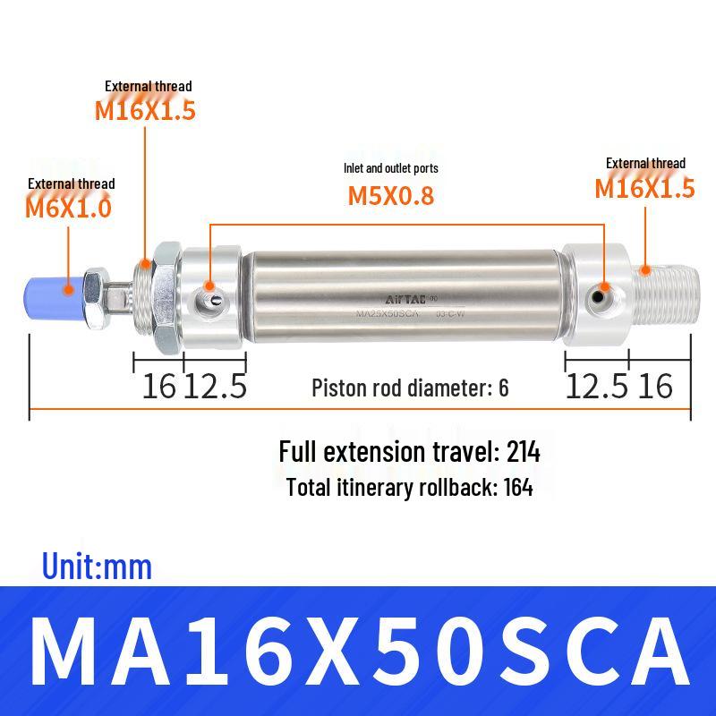 AirTAC Stainless Steel Mini Cylinder MA Series - Sizes: 16/20/25/32 mm x 15/25/30/50/75/100/125-SU