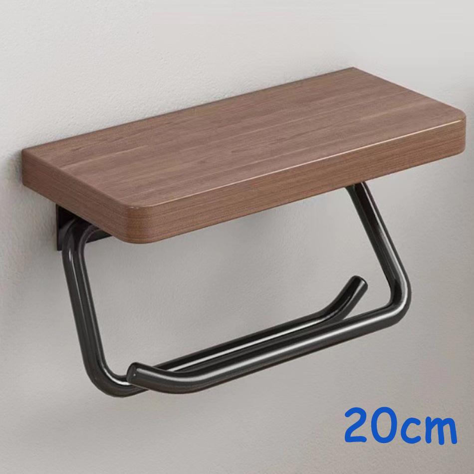Double Paper Holder with Shelf Black Wood Wall Mounted WC Tissue Holders Walnut Toilet Paper Towel Rack for Bathroom Kitchen