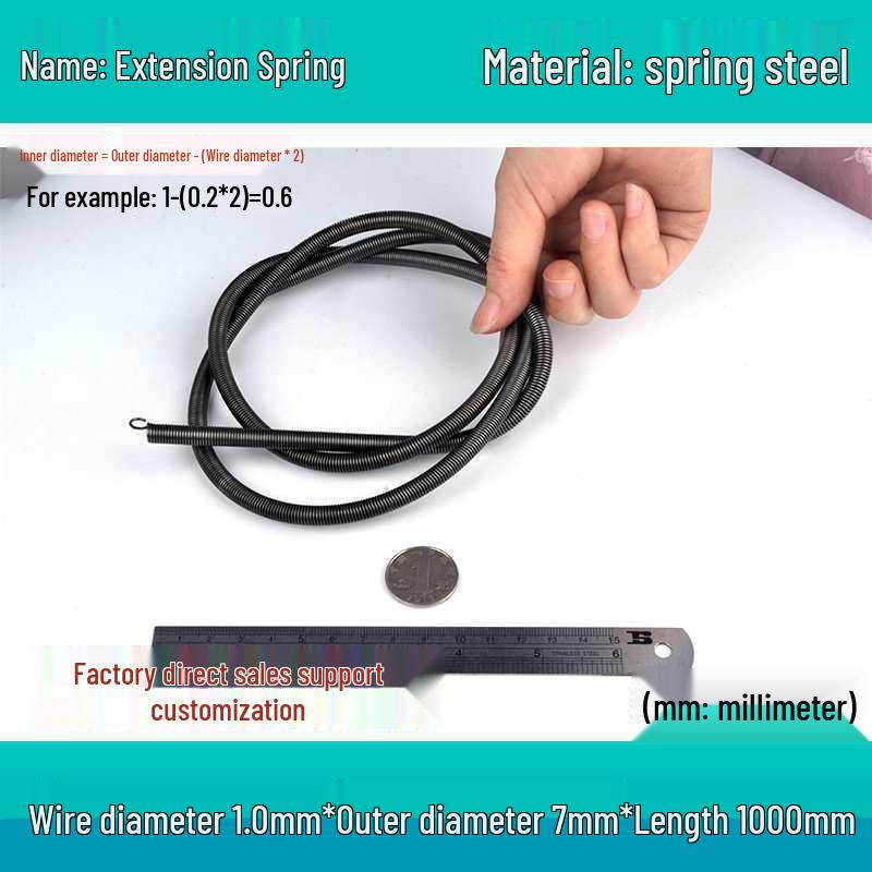 1m Spring Coil Extension with Hook - Strong Tensile Force, Thin Soft Sheath, for Tarpaulins & Sliding Doors