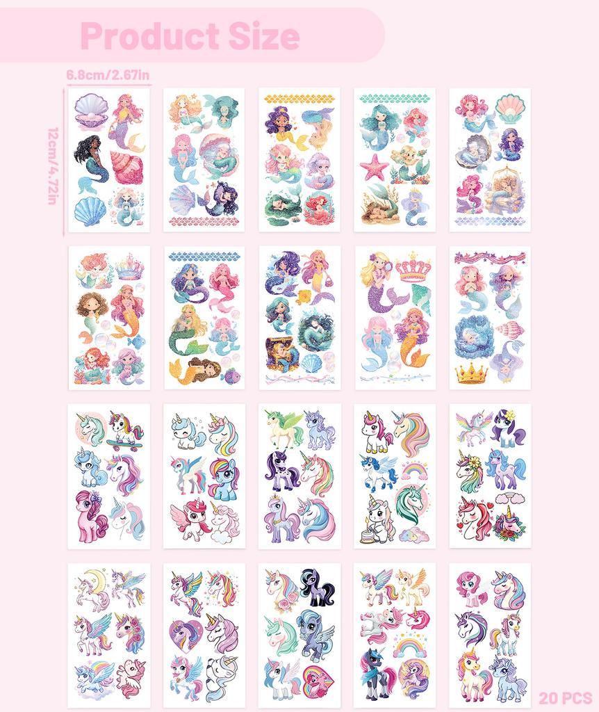 20 Sheets Tattoo Sticker for Kids, Glitter Temporary Tattoos, Mermaid Unicorn Makeup Kit for Girls, Party Favors, Group Activities, DIY Body Art