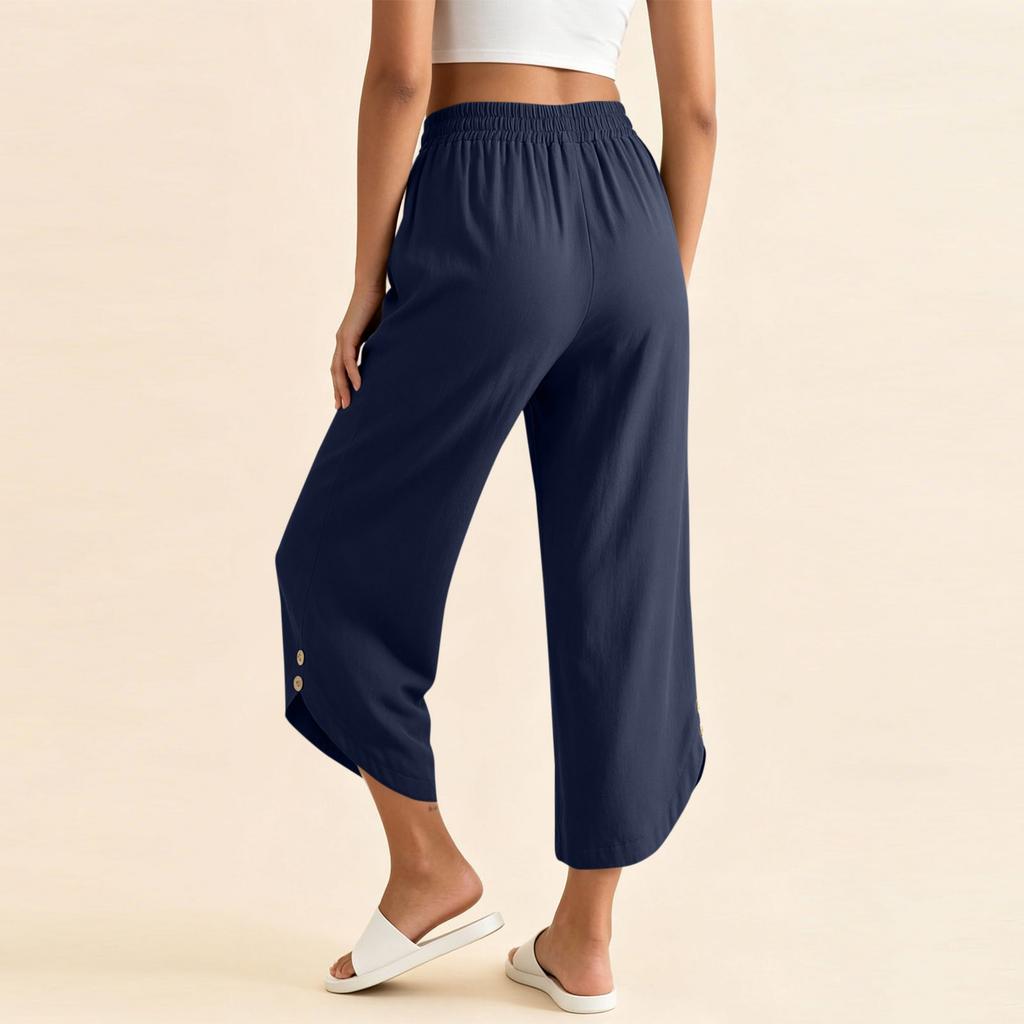 Women Casual Elastic Waist Drawstring Pants with Pockets Side Button Detail Relaxed Fit Cropped Trousers for Everyday Wear