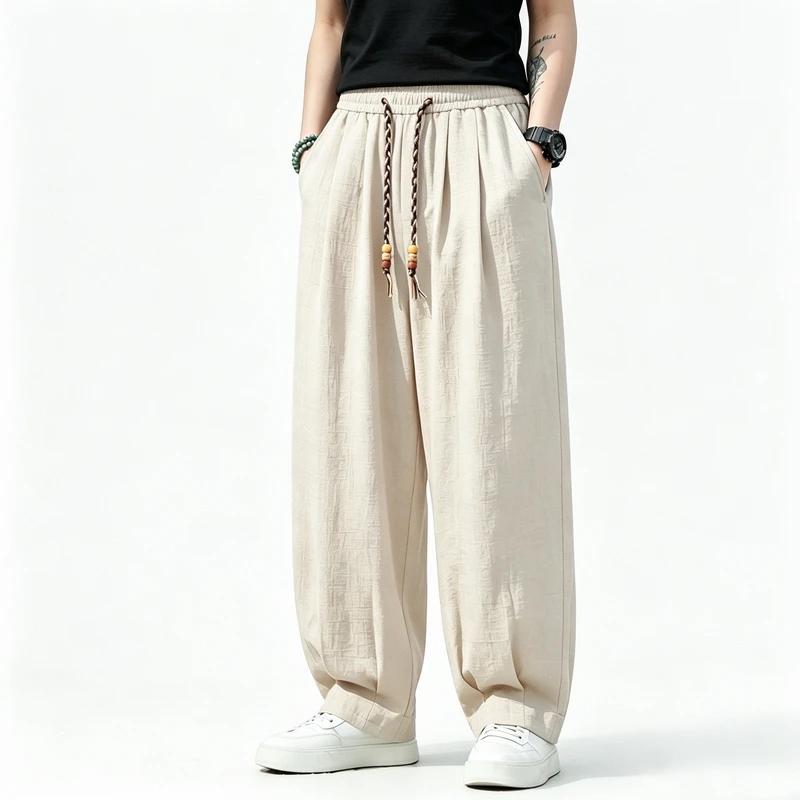 2026 Men New Chinese Style Imitation Linen Casual Pants Loose Lantern Harem Pants Elastic Waist Lightweight Trousers Streetwear