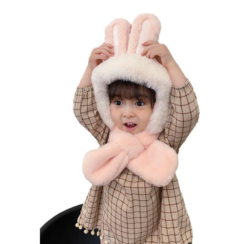 New Rabbit Ears Children's Hat and Scarf All in One Hat Warm Ear Protection Plus Plush Baby Plush Scarf Hat