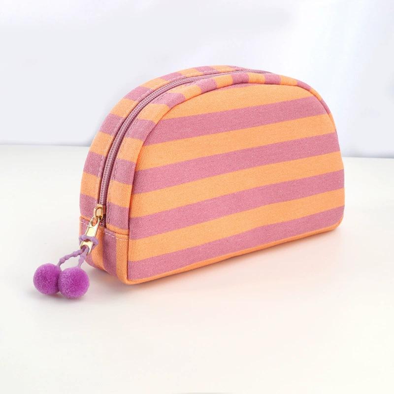 Personalized Embroidered Striped Pompon Cosmetic Bag Canvas Travel Toiletry Bag Shell Large-capacity Portable Outing