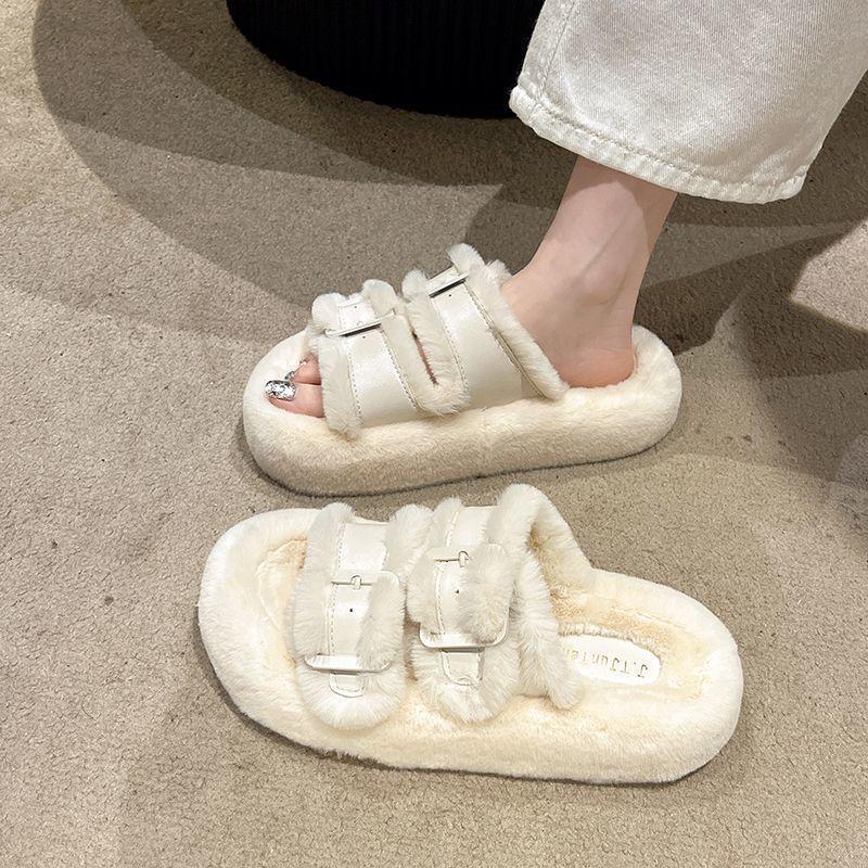 thick-soled white fluffy slippers women wear muffin shoes children's new 2025 Xiaoxiangfeng piled comfortable cotton slippers