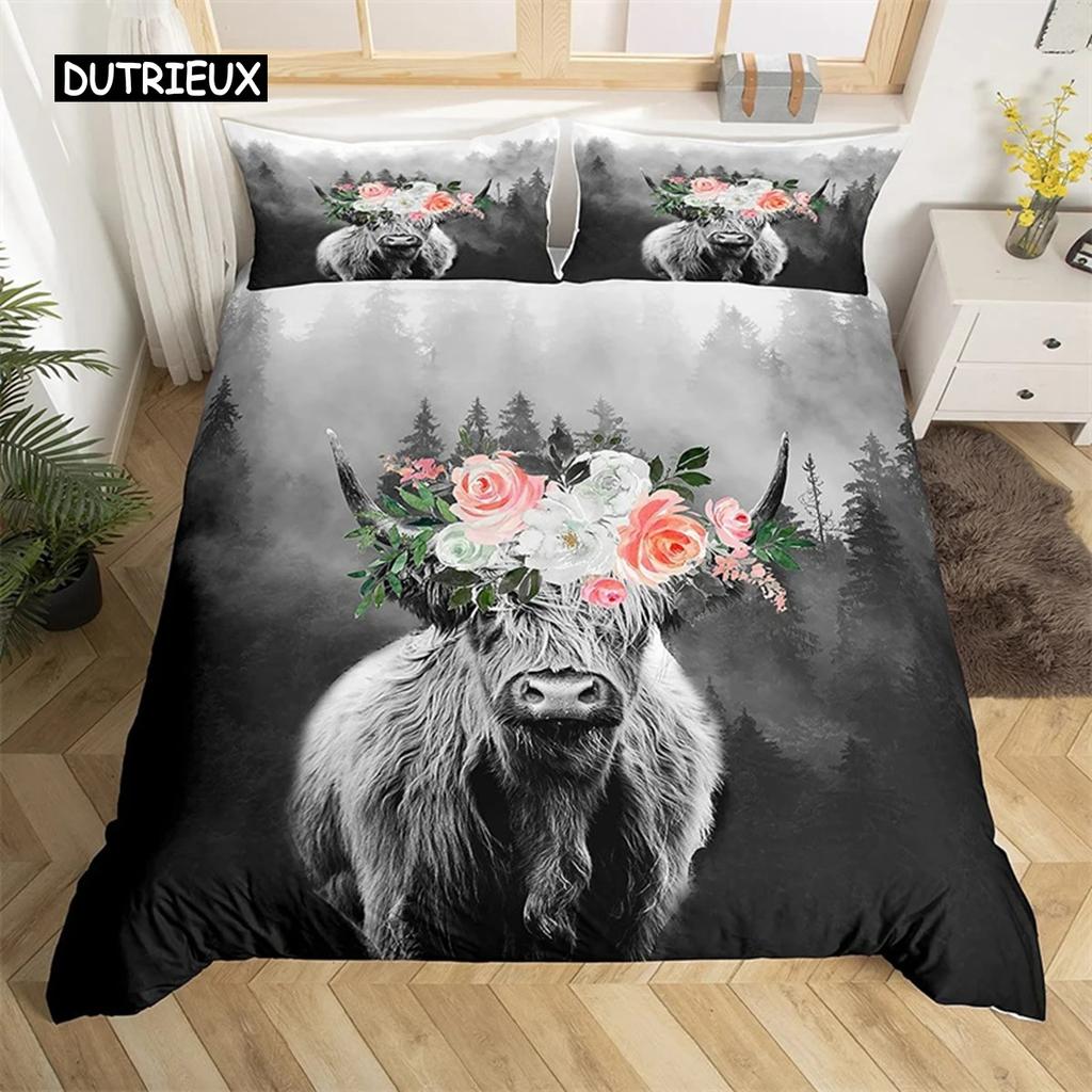 Highland İnek Yatak Takımı Polyester Boğa Sığır Çiçekleri Yorgan Kılıfı Batı Vahşi Hayvan Yorgan Kılıfı Çiftlik Evi İnek Yatak Örtüsü Kılıfı