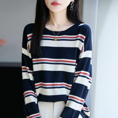 Mehrfarbig gestreifter Strickpullover, Langärmliger Damen-Rundhals-Pullover mit lockerer Passform, Retro-Pullover