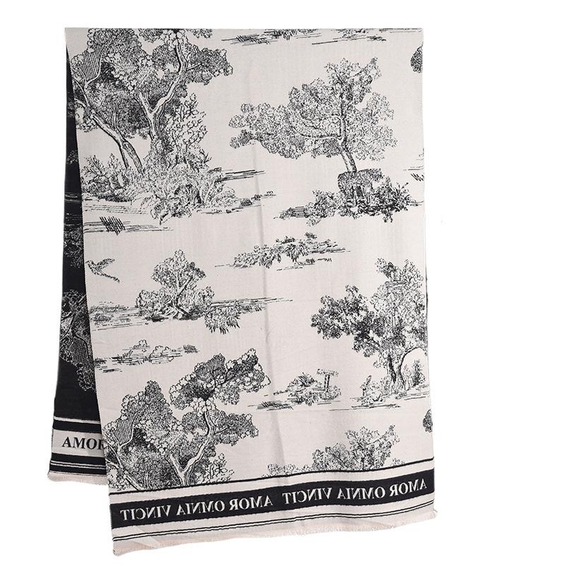 Retro trend jacquard black and white landscape painting imitation cashmere scarf autumn and winter women's office warm long shawl