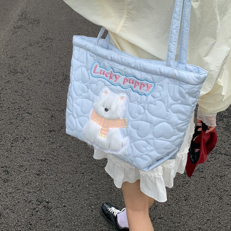 Cute Cotton Embroidery Women's Shoulder Bags Casual Quilted Ladies Large Capacity Tote Shopper Bag Lovely Dog Purse Handbags