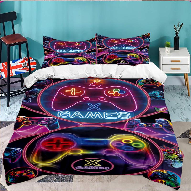 Neon Game Over Art 3PCS Bedding set,Ideal for 1pc Duvet Cover And 2pcs Pillowcases Perfect for Fan gift,Ideal for Bedroom, Dormitory