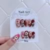 Retro Red-Brown Almond Fake Nails with 3D Carved Flowers: Hand-Painted, Handcrafted Nail Art.