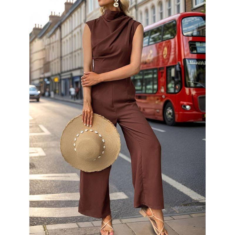 VEZFAA Women's Fashiaon Casual Summer Spring Solid Color Print Sleeveless Half Turtleneck High Waist Trousers Jumpsuits & Rompers