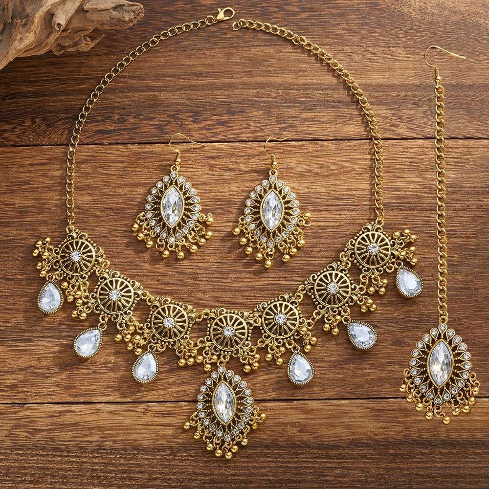 Hollowed Out Necklace Earrings Set Rhinestone Inlaid Women Jewelry Set  Gifts