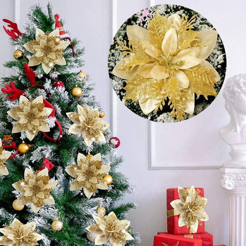 10/50pcs Artificial Glitter Christmas Flowers for Xmas Tree Ornament Fake Flower Floral New Year Party Home Decoratio
