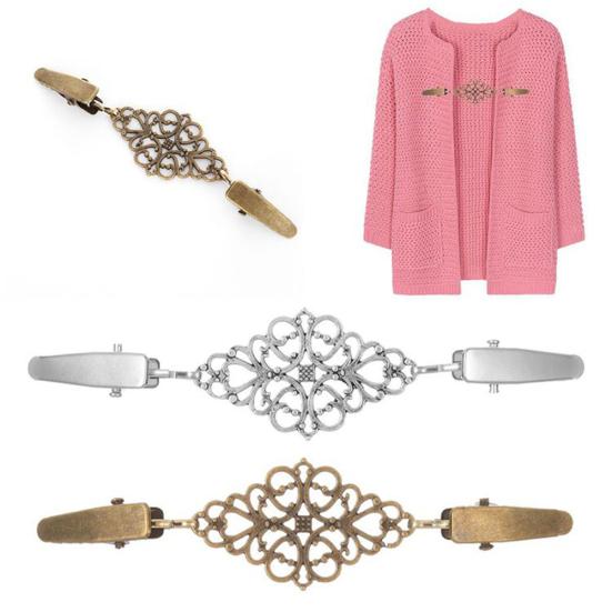 Women Vintage Hollow Floral Cardigan Collar Clip Dress Shawl Cinch Clasp Pin