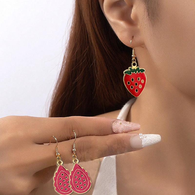Simulation strawberry dragon fruit Korean version jewelry alloy drip earrings pendant earrings alloy material exquisite and sweet